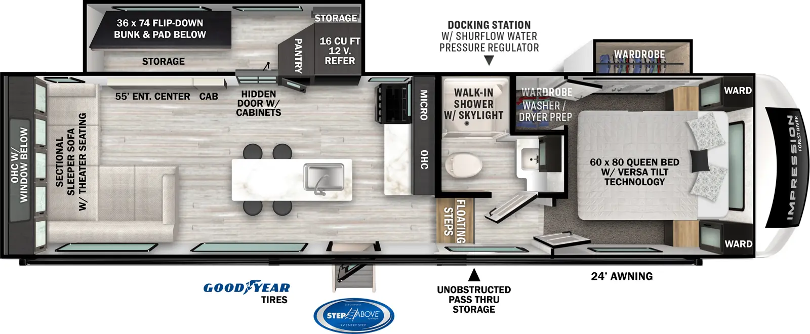 The Impression 282RLVIEW floorplan has two slideouts and one entry. Exterior features a 24 foot awning, MORryde Step Above entry steps, Goodyear tires, unobstructed pass-thru storage, and docking station with shurflow water pressure regulator. Interior layout front to back: foot-facing queen bed with versa tilt, wardrobes on each side, off-door side wardrobe slideout, and off-door side closet with washer/dryer prep; off-door side full bathroom with walk-in shower with skylight; floating steps down to main living area and entry; kitchen island with seating and sink; kitchen counter with overhead cabinet, microwave and cooktop along inner wall; off-door side slideout with 12V refrigerator, pantry, hidden door with cabinets with flip down bunk, pad below and storage behind, and entertainment center; rear sectional sleeper sofa with theater seating and overhead cabinet with window below.